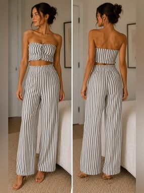 Two Piece Striped Black & White Linen set